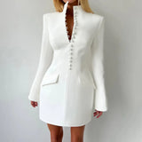 2025 Autumn/Winter New Women's Sexy Waist Wrap Hip Short Skirt Solid Color Long Sleeve Elegant Casual Short Dress Front Buttons