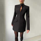 2025 Autumn/Winter New Women's Sexy Waist Wrap Hip Short Skirt Solid Color Long Sleeve Elegant Casual Short Dress Front Buttons