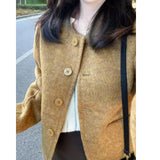 Fashionable Short Woolen Coat Women's Small Fragrance Style round Neck Button up Korean Style Polyester Blend Casual Outerwear