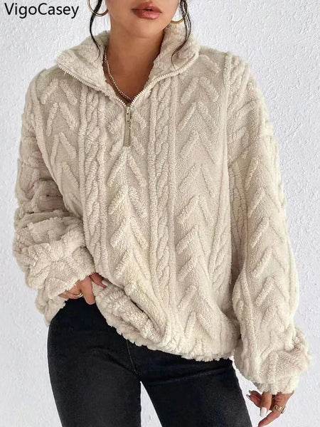 VigoCasey 2025 Autumn Winter Women Khaki Pullover Long Sleeve Zipper Stand Collar Sweatshirt Casual Lady Loose Plush Hoodie Tops