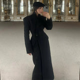Elegant Women's Long Coat V-Neck Solid Slim Single-button Waist-Closed Lady Jacket 2025 Autumn Winter Chic Female Streetwear