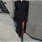 Elegant Women's Long Coat V-Neck Solid Slim Single-button Waist-Closed Lady Jacket 2025 Autumn Winter Chic Female Streetwear