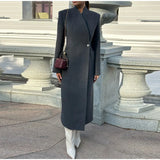 Elegant Women's Long Coat V-Neck Solid Slim Single-button Waist-Closed Lady Jacket 2025 Autumn Winter Chic Female Streetwear