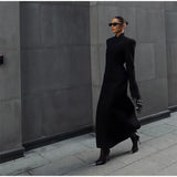 Elegant Women's Long Coat V-Neck Solid Slim Single-button Waist-Closed Lady Jacket 2025 Autumn Winter Chic Female Streetwear