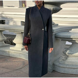 Elegant Women's Long Coat V-Neck Solid Slim Single-button Waist-Closed Lady Jacket 2025 Autumn Winter Chic Female Streetwear