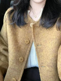 Fashionable Short Woolen Coat Women's Small Fragrance Style round Neck Button up Korean Style Polyester Blend Casual Outerwear