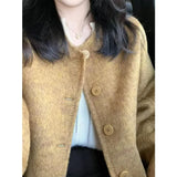 Fashionable Short Woolen Coat Women's Small Fragrance Style round Neck Button up Korean Style Polyester Blend Casual Outerwear