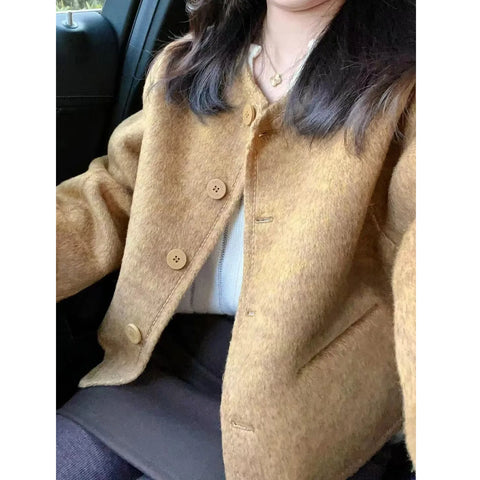 Fashionable Short Woolen Coat Women's Small Fragrance Style round Neck Button up Korean Style Polyester Blend Casual Outerwear