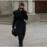 Elegant Women's Long Coat V-Neck Solid Slim Single-button Waist-Closed Lady Jacket 2025 Autumn Winter Chic Female Streetwear