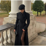 Elegant Women's Long Coat V-Neck Solid Slim Single-button Waist-Closed Lady Jacket 2025 Autumn Winter Chic Female Streetwear