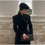 Elegant Women's Long Coat V-Neck Solid Slim Single-button Waist-Closed Lady Jacket 2025 Autumn Winter Chic Female Streetwear