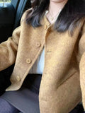Fashionable Short Woolen Coat Women's Small Fragrance Style round Neck Button up Korean Style Polyester Blend Casual Outerwear