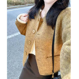 Fashionable Short Woolen Coat Women's Small Fragrance Style round Neck Button up Korean Style Polyester Blend Casual Outerwear