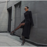 Elegant Women's Long Coat V-Neck Solid Slim Single-button Waist-Closed Lady Jacket 2025 Autumn Winter Chic Female Streetwear