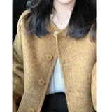 Fashionable Short Woolen Coat Women's Small Fragrance Style round Neck Button up Korean Style Polyester Blend Casual Outerwear