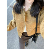 Fashionable Short Woolen Coat Women's Small Fragrance Style round Neck Button up Korean Style Polyester Blend Casual Outerwear