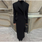 Elegant Women's Long Coat V-Neck Solid Slim Single-button Waist-Closed Lady Jacket 2025 Autumn Winter Chic Female Streetwear