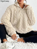 VigoCasey 2025 Autumn Winter Women Khaki Pullover Long Sleeve Zipper Stand Collar Sweatshirt Casual Lady Loose Plush Hoodie Tops